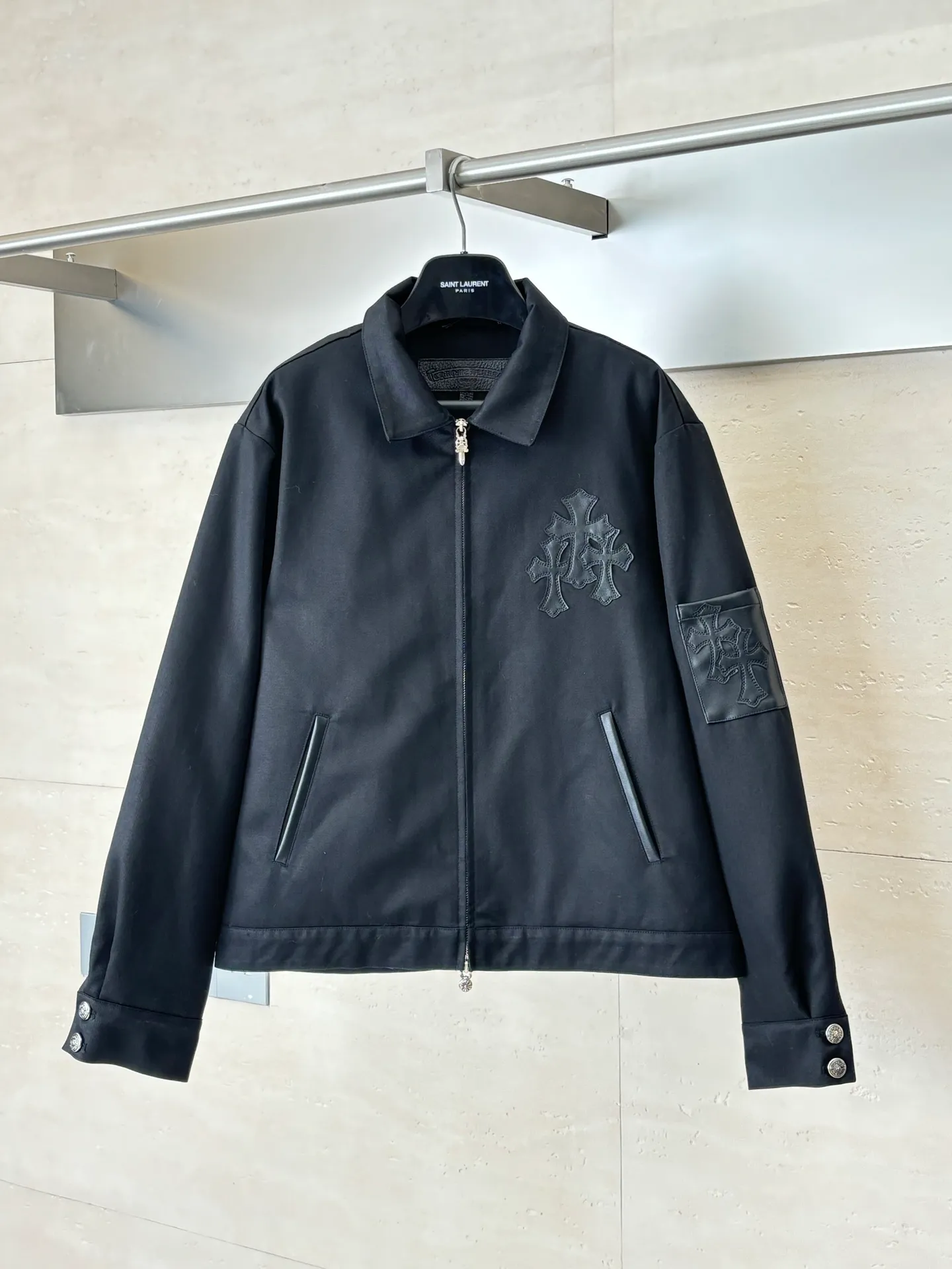 P610 Chrome heart*/Chrome heart new autumn and winter solid color leather quilted jacket Size: S/M/L/XL